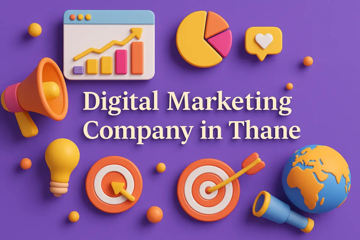 Digital Marketing Company in Thane with colorful charts, icons, and bold Lora font text on a vibrant purple background.