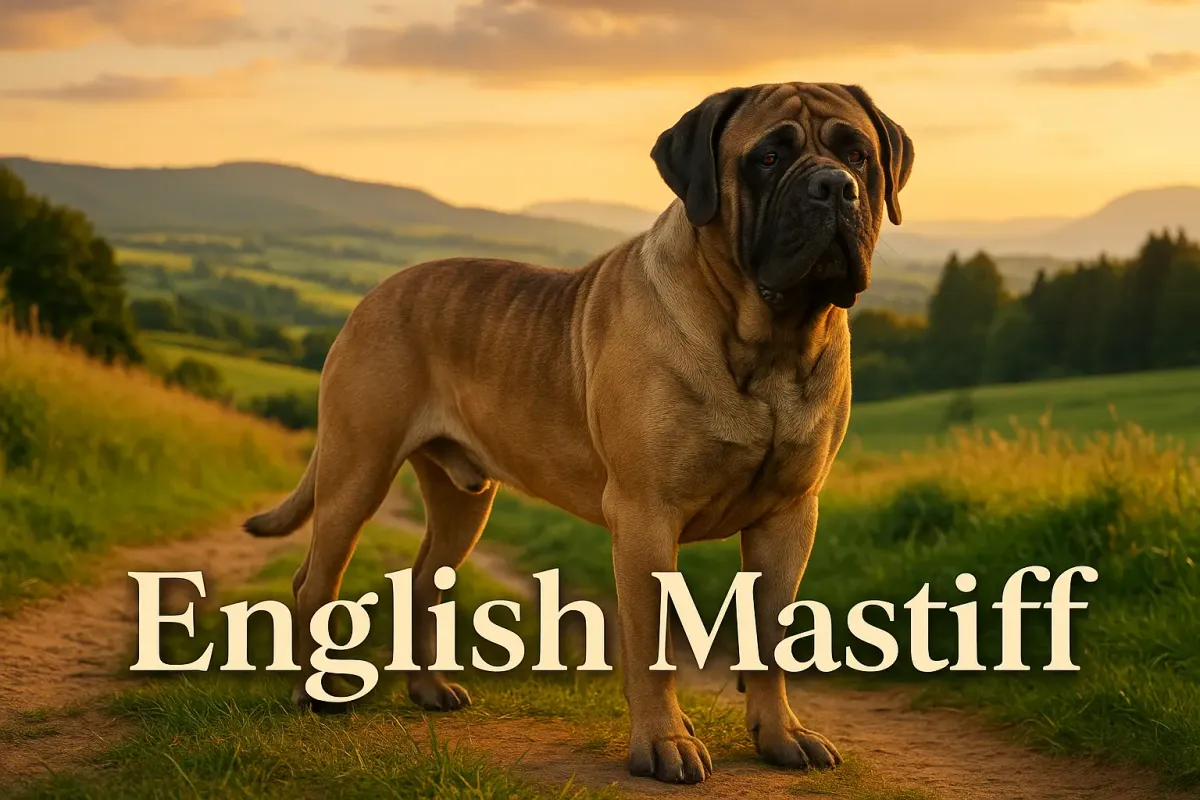 English Mastiff standing on a countryside path with sunset-lit hills and grassy fields in the background.