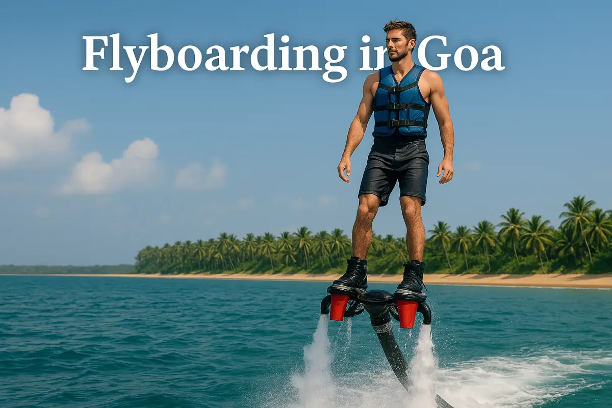 Man flyboarding above blue sea in Goa with tropical beach and palm trees in the background.