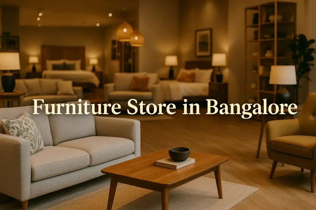 furniture store in Bangalore with modern sofas, beds, and warm lighting, featuring text “Furniture Store in Bangalore.