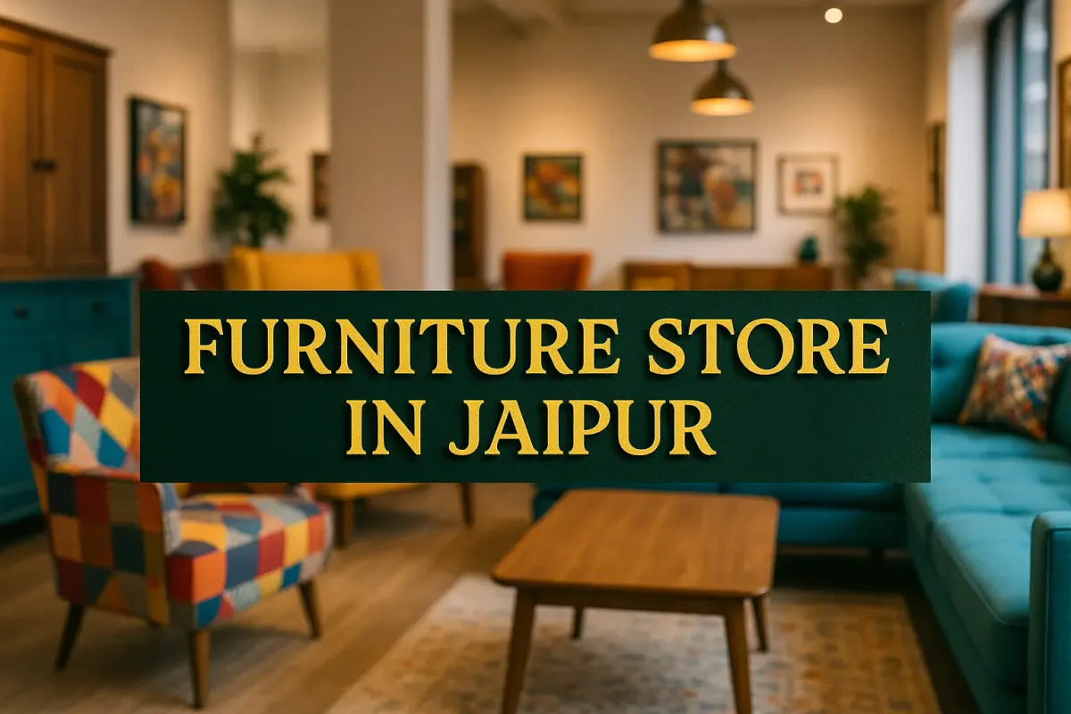 Colorful modern furniture showroom in Jaipur with stylish decor and vibrant seating arrangement.