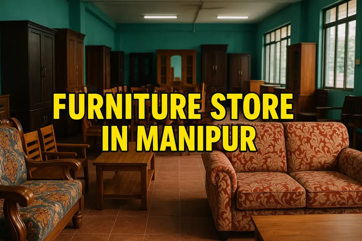 Colorful furniture showroom in Manipur with wooden and fabric seating on display.