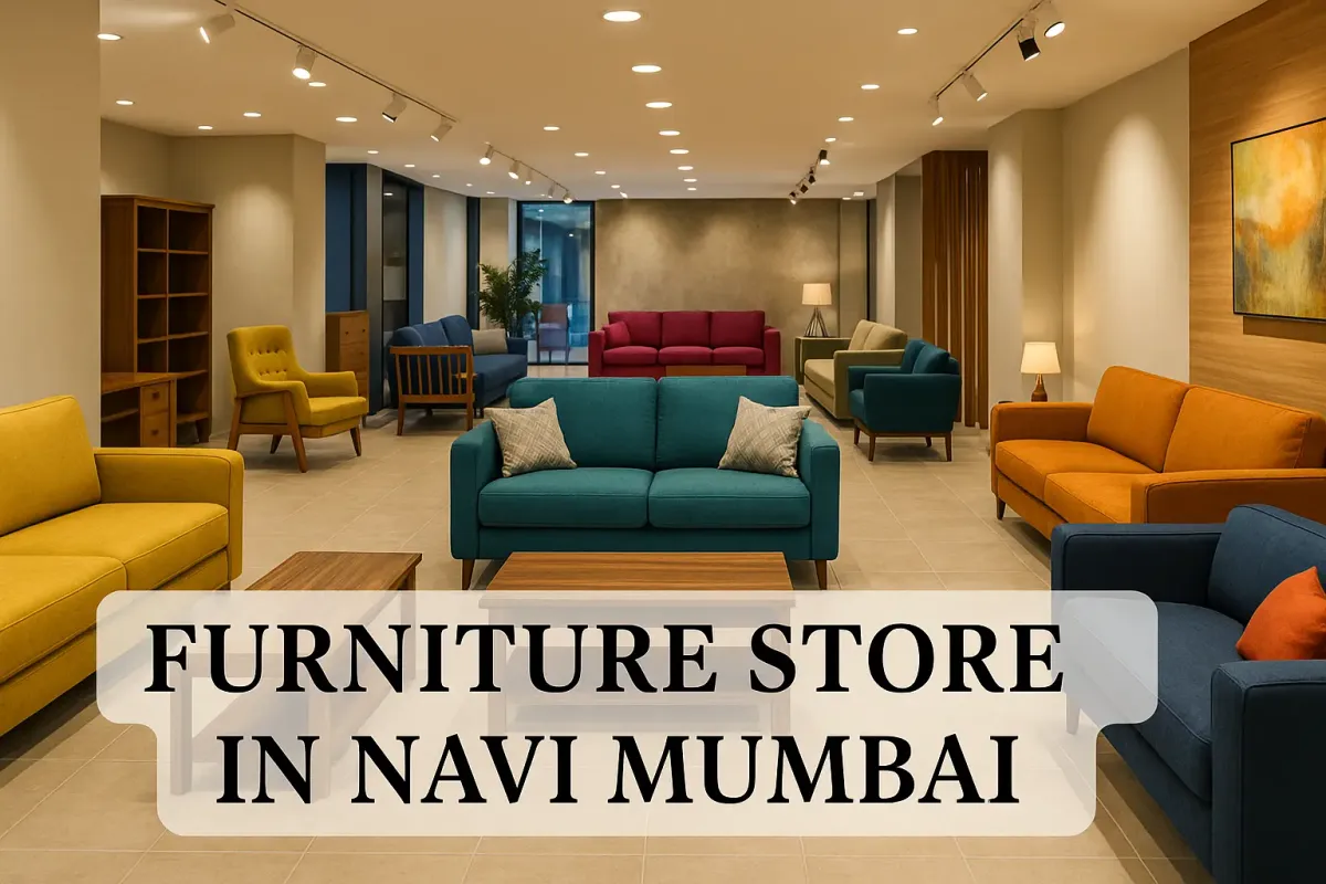 Colorful Navi Mumbai furniture store interior with vibrant sofas, wooden tables, and modern lighting decor.