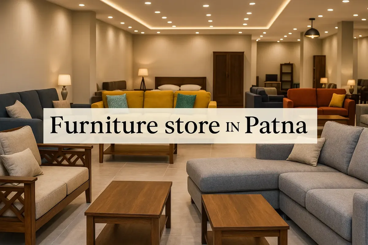 Patna furniture store interior with colorful sofas, wooden chairs, and warm lighting in a modern showroom.