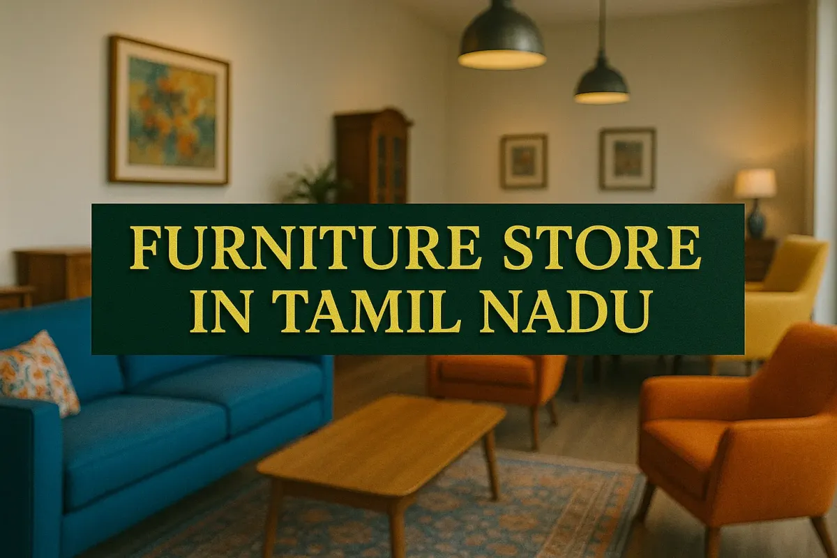 Modern furniture store in Tamil Nadu with colorful seating, warm lighting, and creative interior decor.