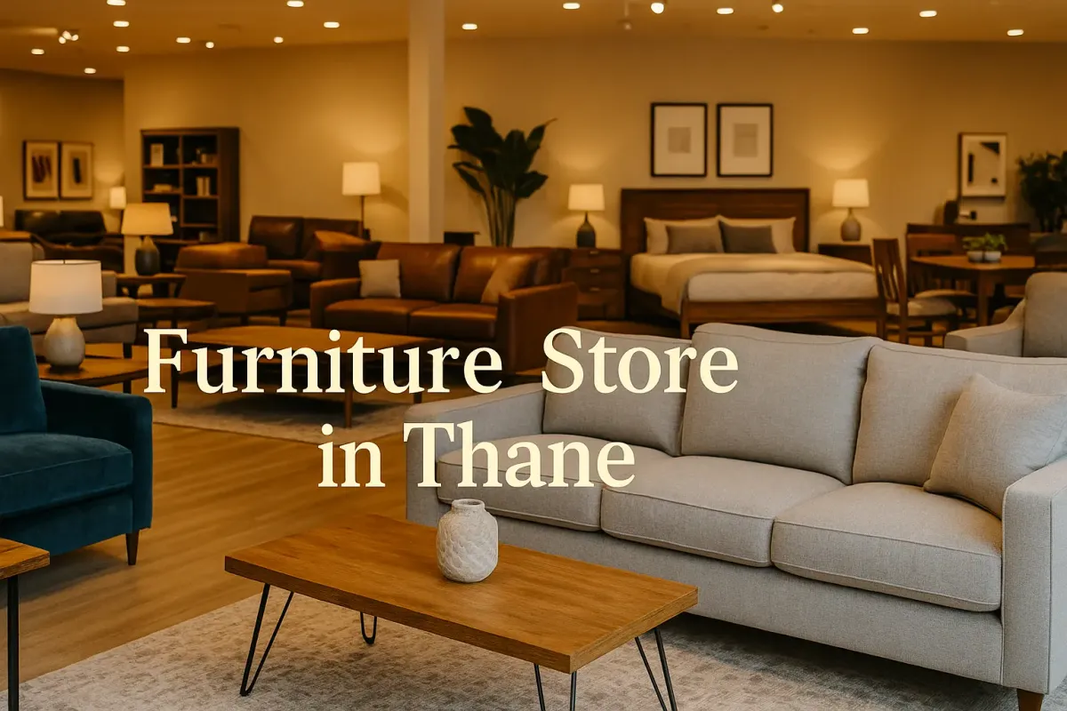furniture store in Thane with stylish sofas, beds, and wooden decor, featuring the text “Furniture Store in Thane.”