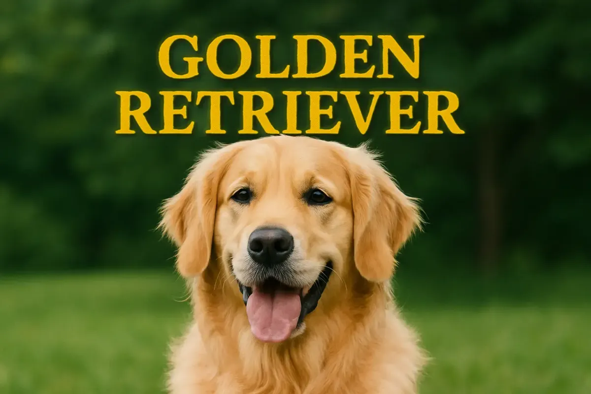 Golden Retriever sitting on green grass with highlighted title in Lora font and shadow effect above its head.