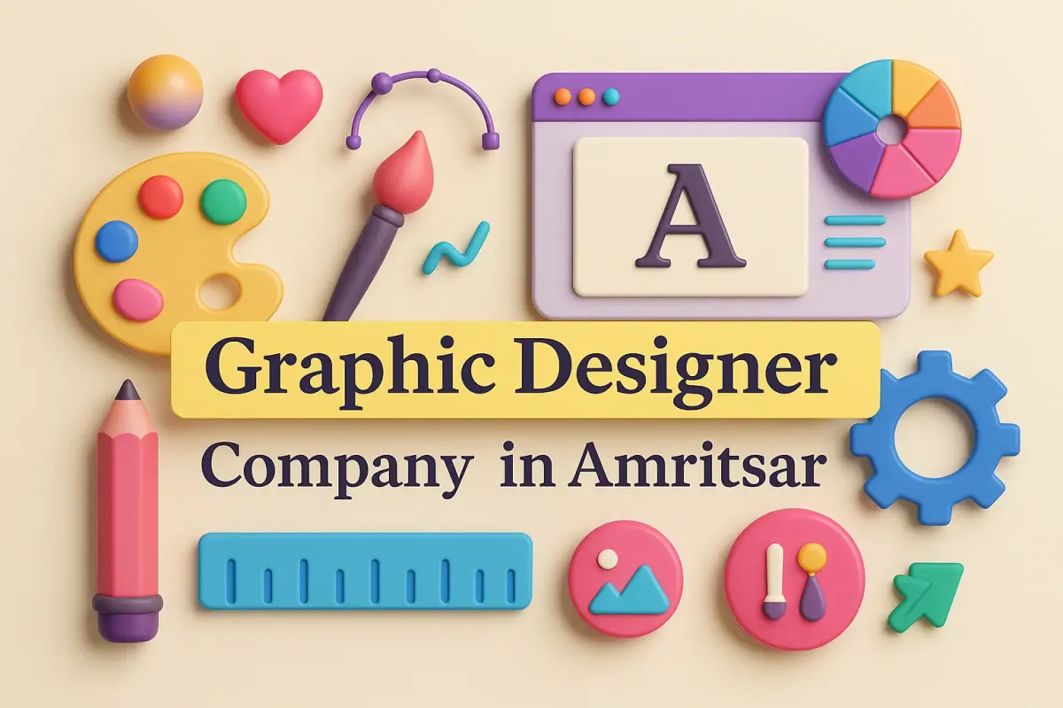 3D graphic design tools with vibrant icons and highlighted text “Graphic Designer Company in Amritsar”.