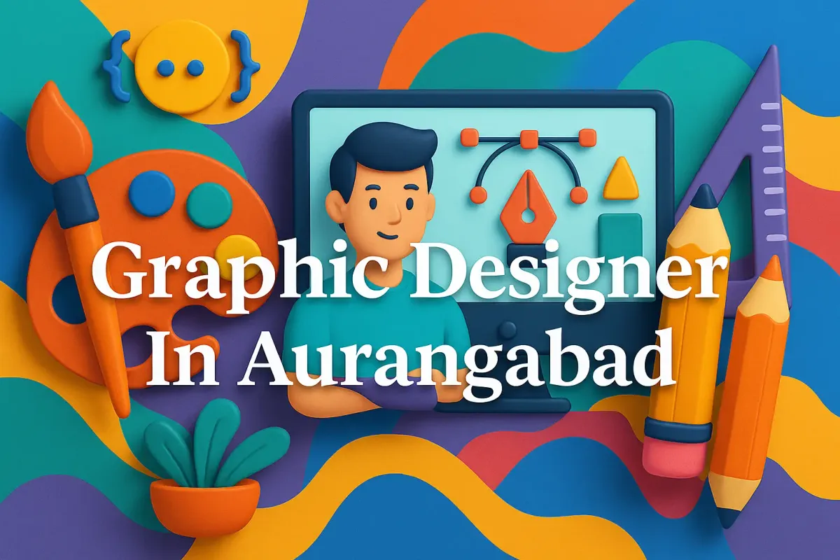 Colorful 3D illustration showcasing "Graphic Designer In Aurangabad" in Lora font with shadow and highlight effects.
