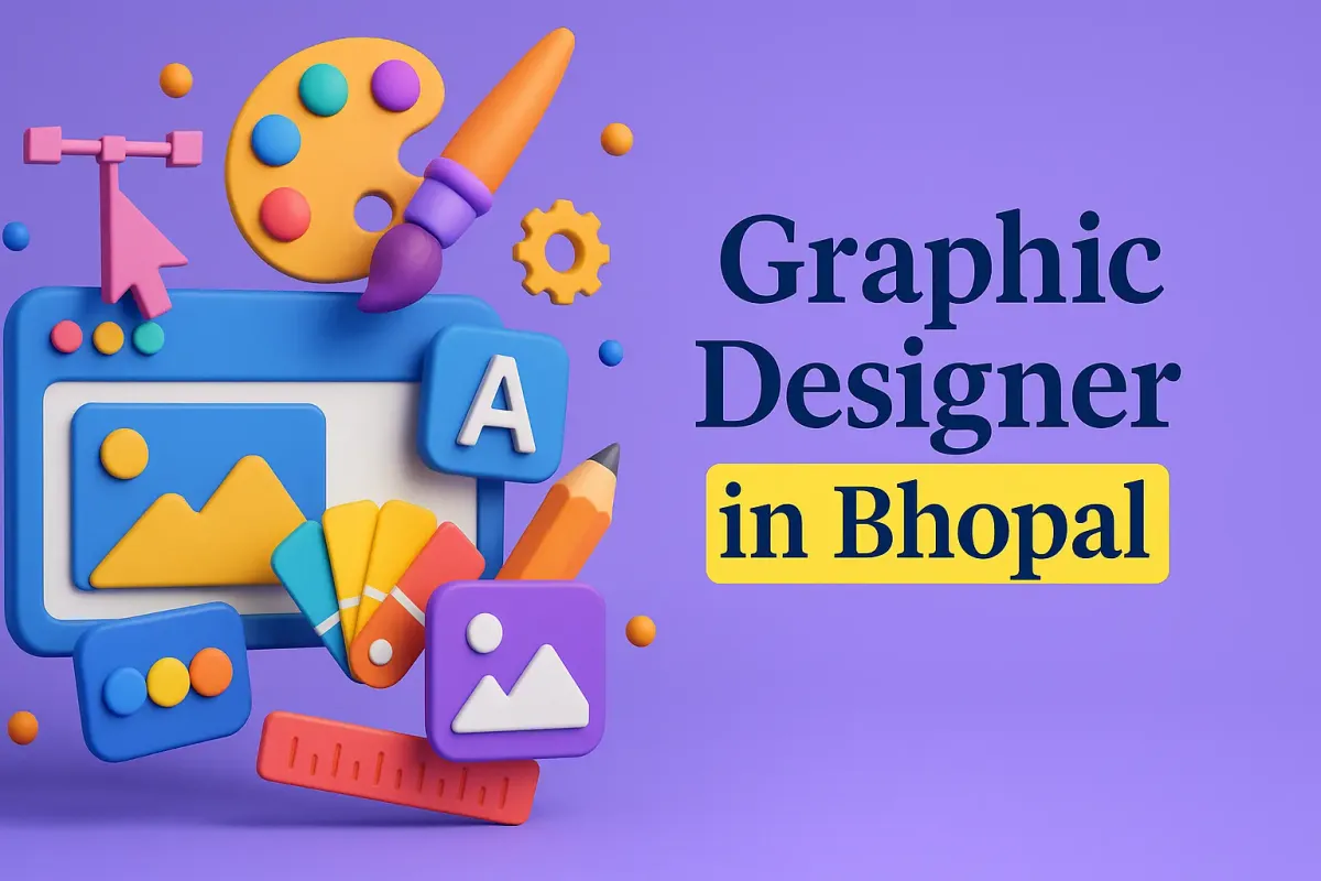 Colorful 4D graphic design banner in Lora font showcasing creative graphic designer services in Bhopal with shadow effects.