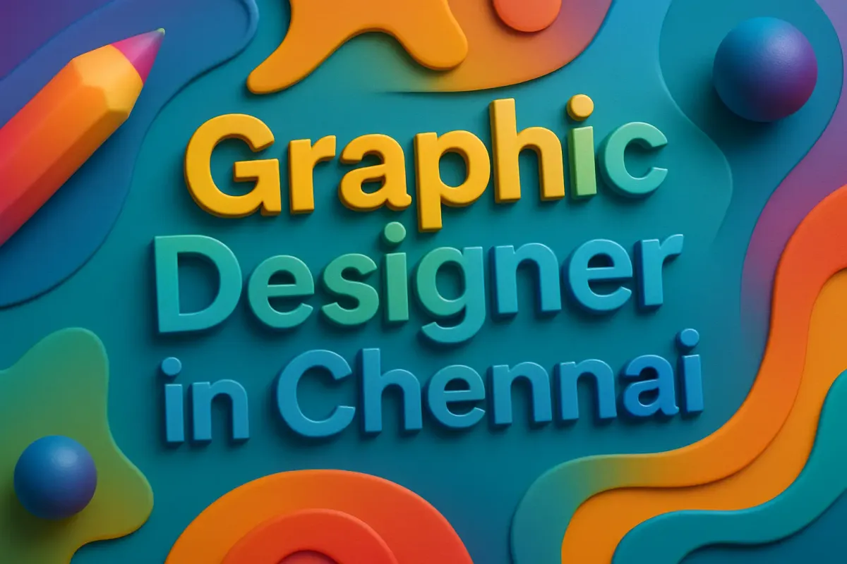 3D image with ‘Graphic Designer In Chennai’ in Lora font, colorful highlights, shadowed text for creative design focus.
