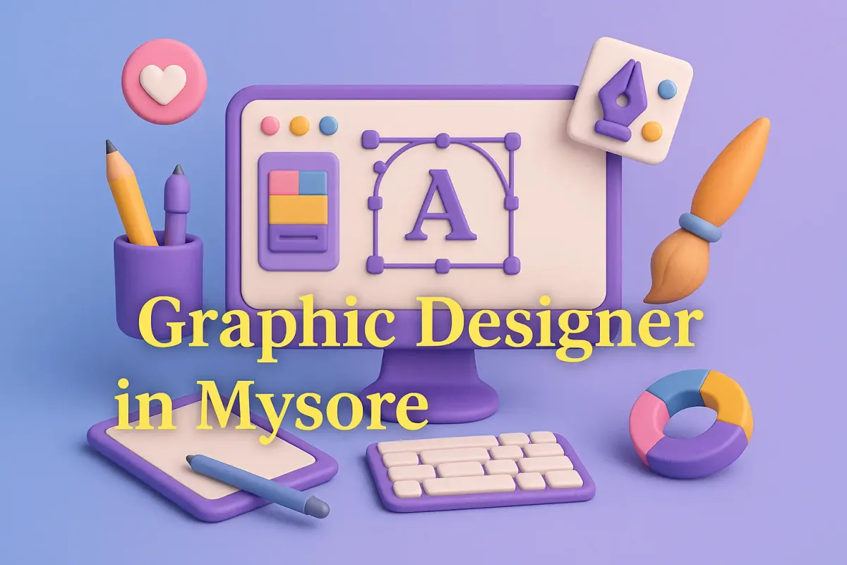 3D illustration of design tools with highlighted text "Graphic Designer in Mysore" in Lora font and shadow effect.