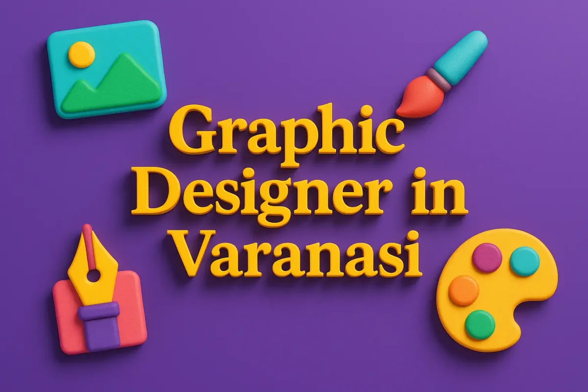 3D text "Graphic Designer in Varanasi" in creative design icons, vibrant colors, shadows, and a modern purple background.