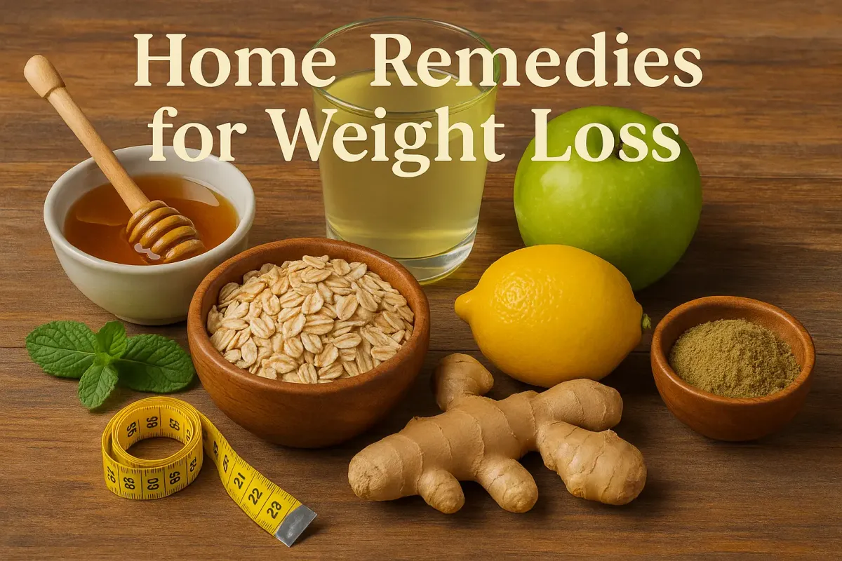 Natural ingredients like lemon, ginger, oats, and honey used for weight loss home remedies on wooden background