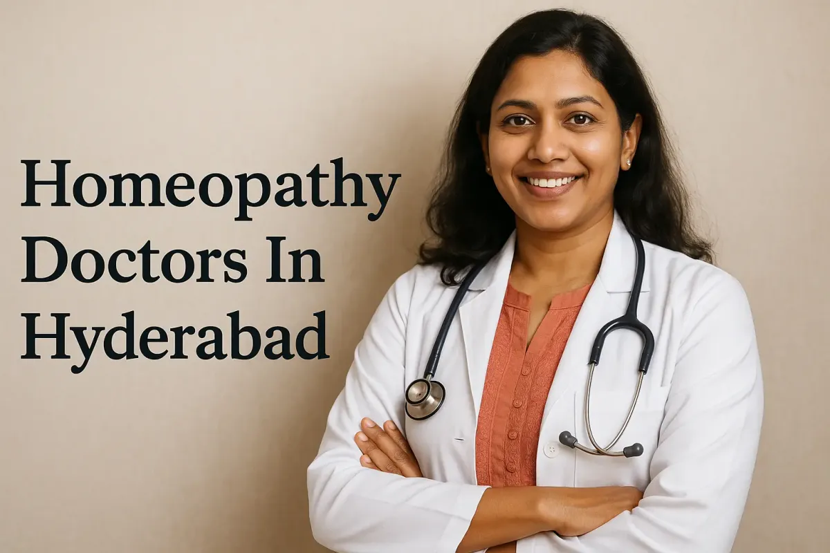Smiling female homeopathy doctor in Hyderabad with stethoscope and highlighted title text.