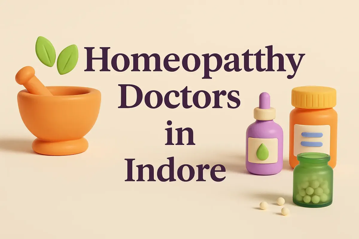 3D homeopathy concept "Homeopathy Doctors in Indore" and colorful bottles, pills, and a mortar and pestle.