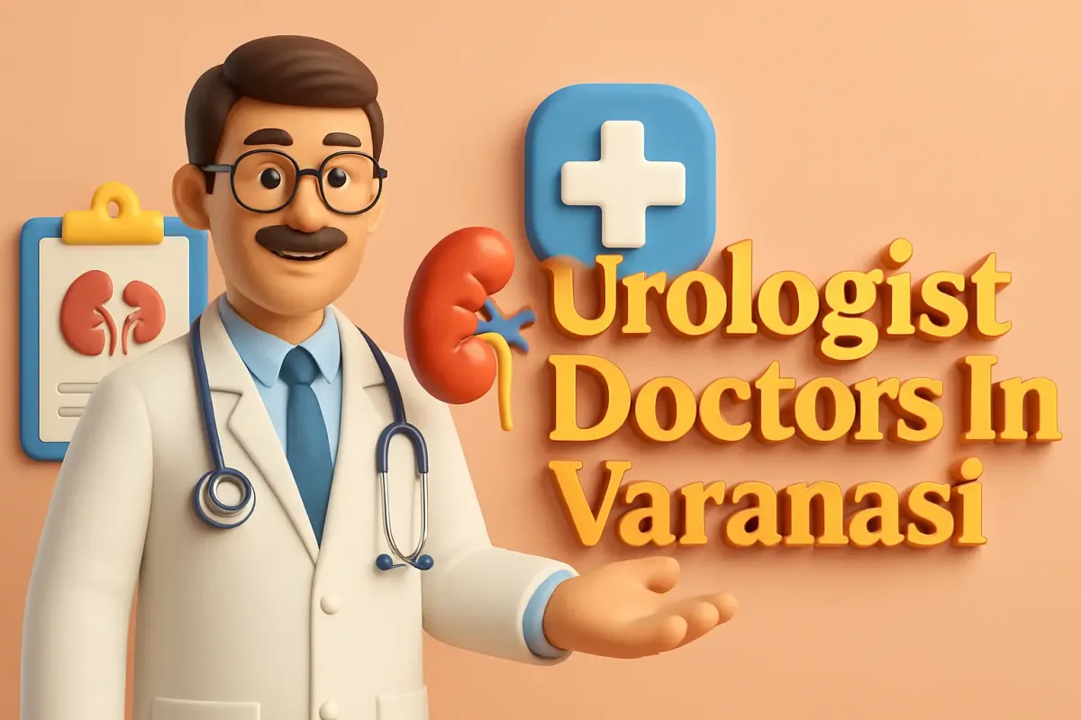 3D illustration of urologist with kidney model and bold āUrologist Doctors In Varanasiā text in a colorful medical