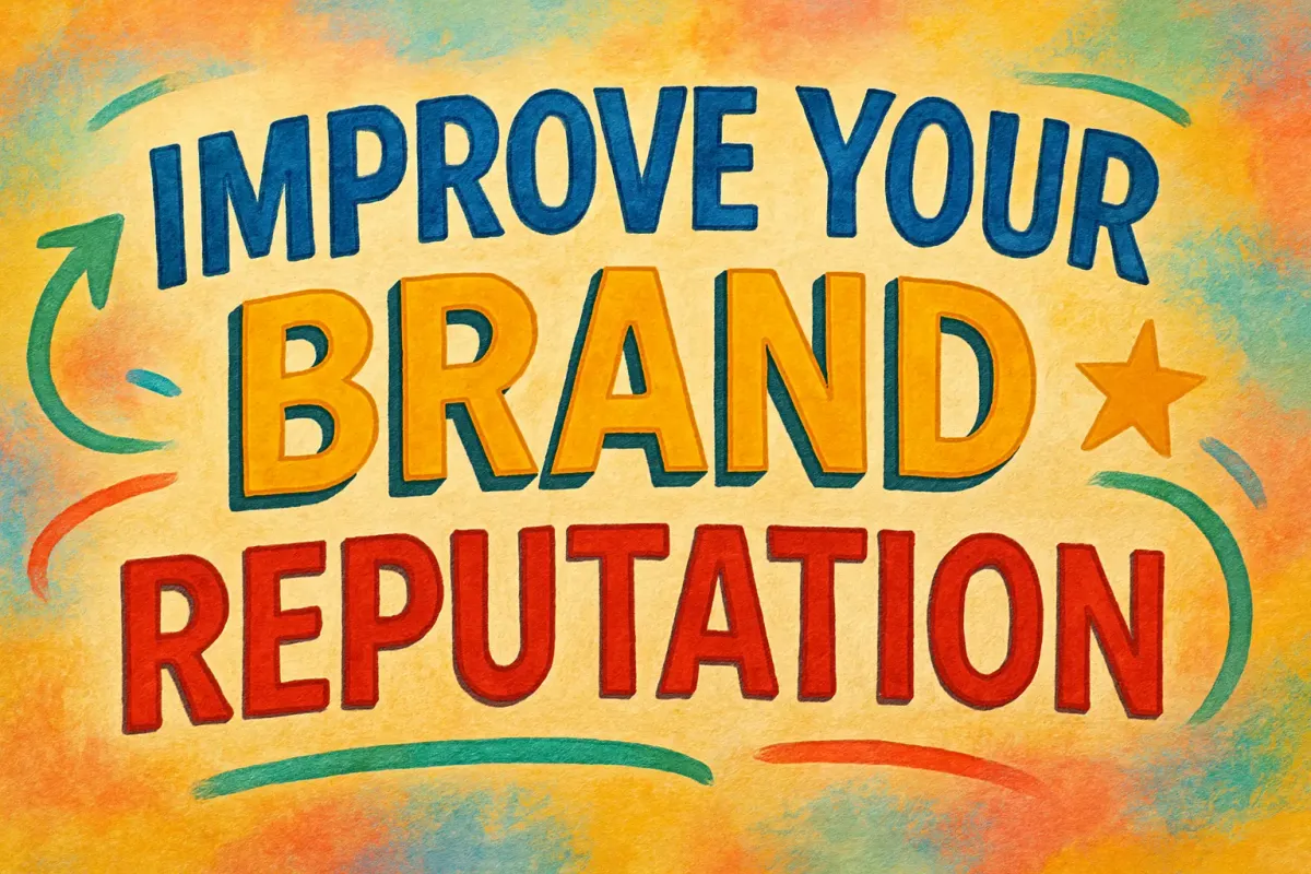 Creative 4D image with 'Improve Your Brand Reputation' text in Lora font, shadow effects, and vibrant style