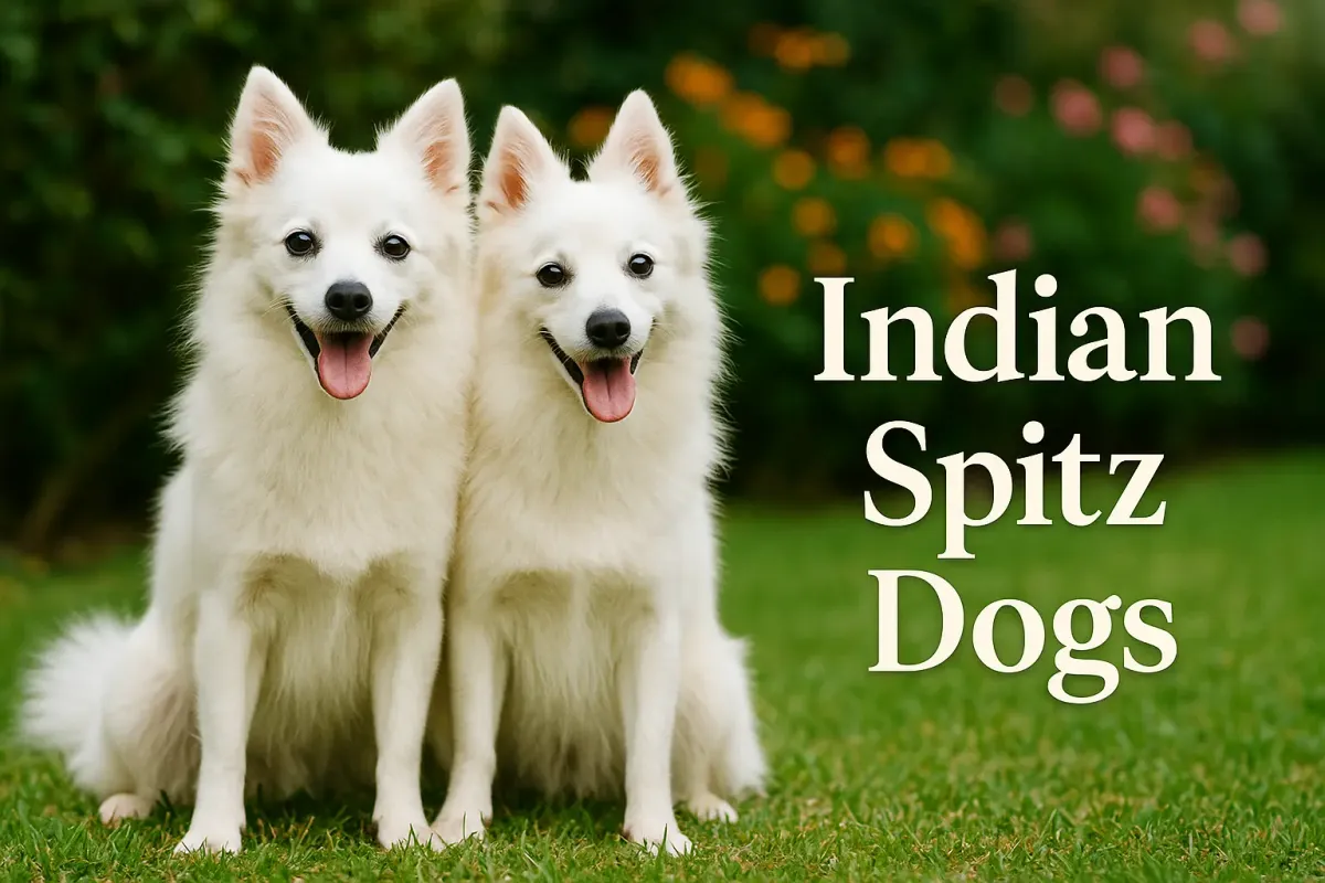 Two Indian Spitz dogs sitting on green grass with colorful text in Lora font and soft shadow effects.