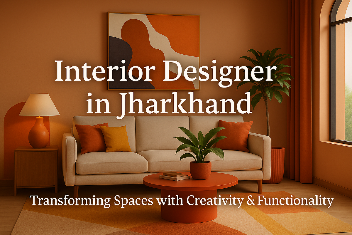 Modern living room with beige sofa, orange decor, abstract wall art, and indoor plants.