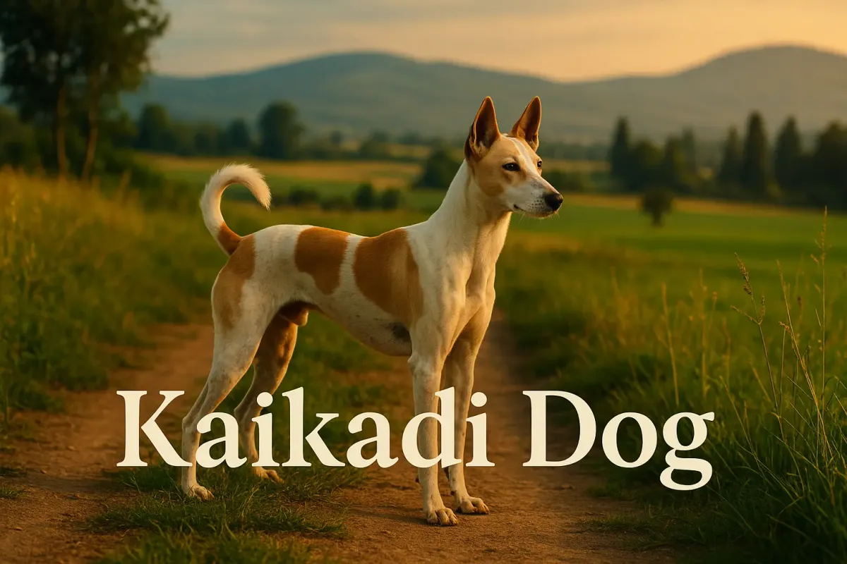 Kaikadi Dog standing on a rural path with green fields and hills during golden hour.