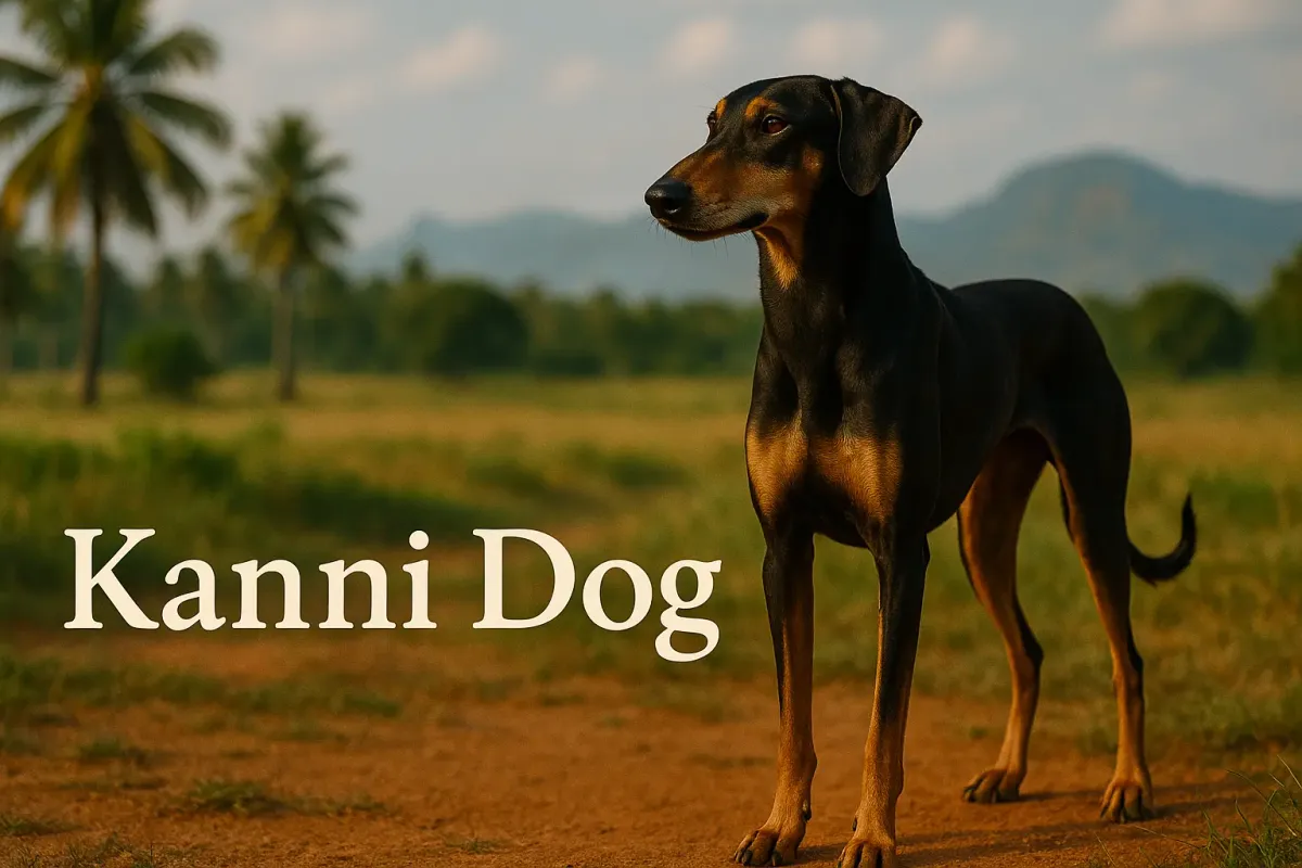Kanni Dog standing proudly on a dirt path in a South Indian landscape with mountains and palm trees.