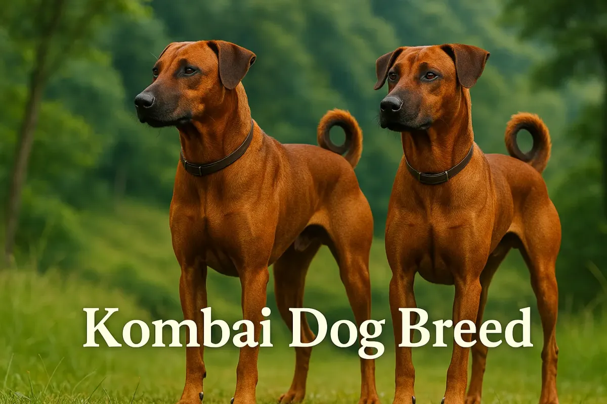 Two strong Kombai dogs standing alert in a lush green landscape with bold Lora font title.