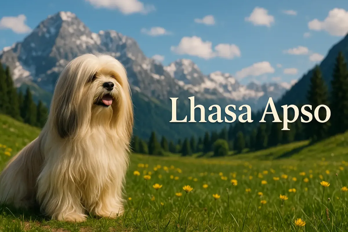 Lhasa Apso sitting in a flower-filled meadow with snow-covered mountains in the background.