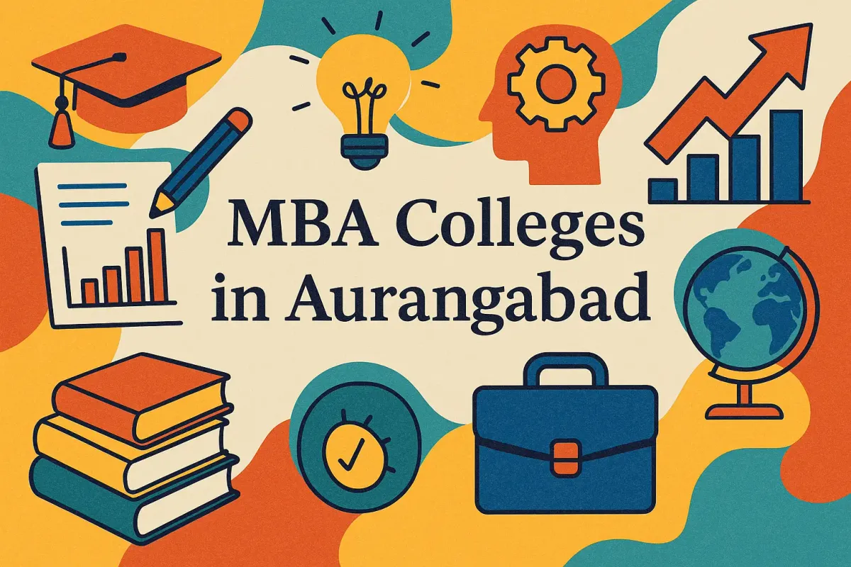 Colorful 4D graphic showcasing MBA colleges in Aurangabad with educational icons and bold Lora font text.