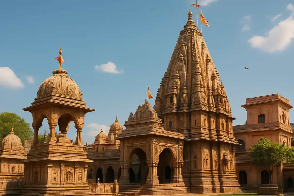 Mahakaleshwar Shiva Temple in Ujjain captured in daylight with intricate architecture and a clear blue sky