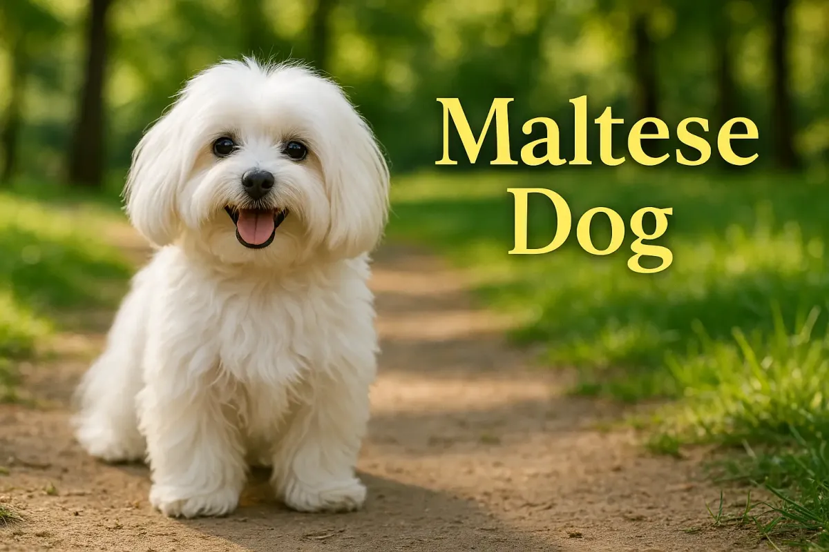 Maltese dog with fluffy white fur sitting on a park path with bold yellow text overlay.