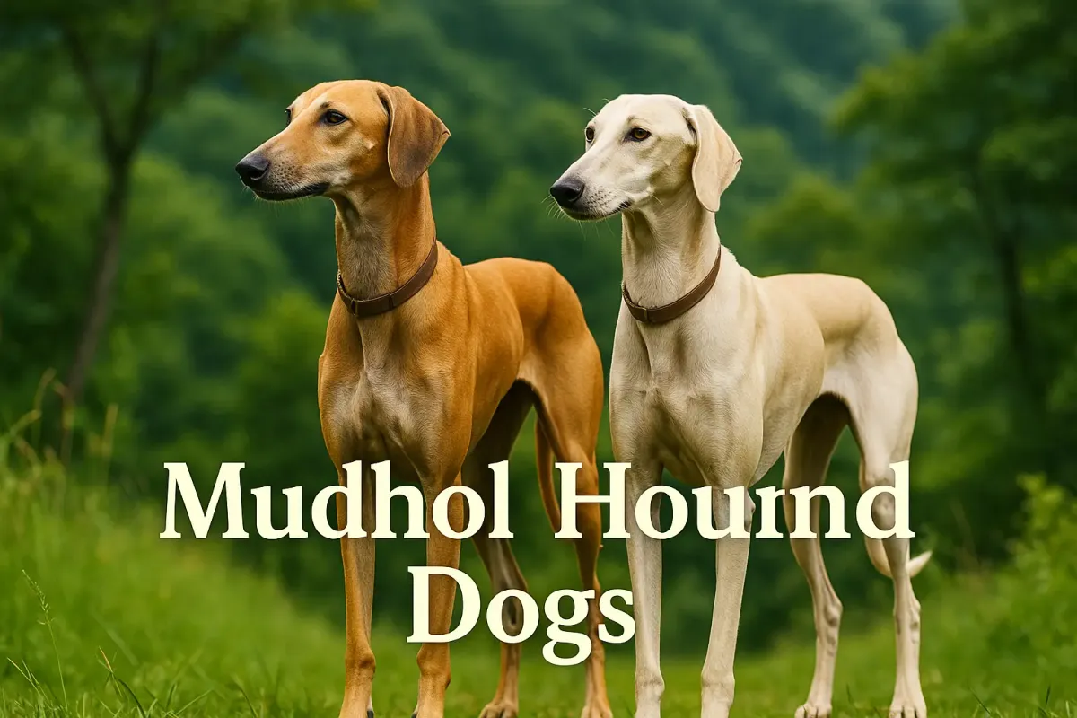 Two elegant Mudhol Hound dogs standing in a green natural landscape with bold Lora font title.