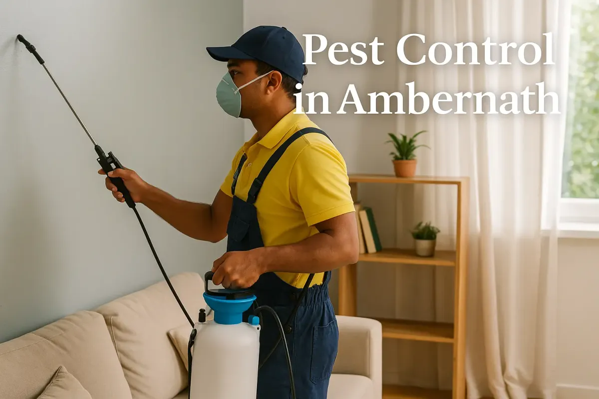 Pest control technician in Ambernath spraying pesticide on wall with bold white text overlay.