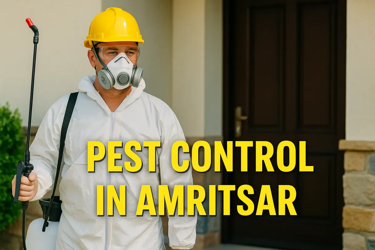 Pest control expert in safety gear spraying outside home in Amritsar with bold yellow text.