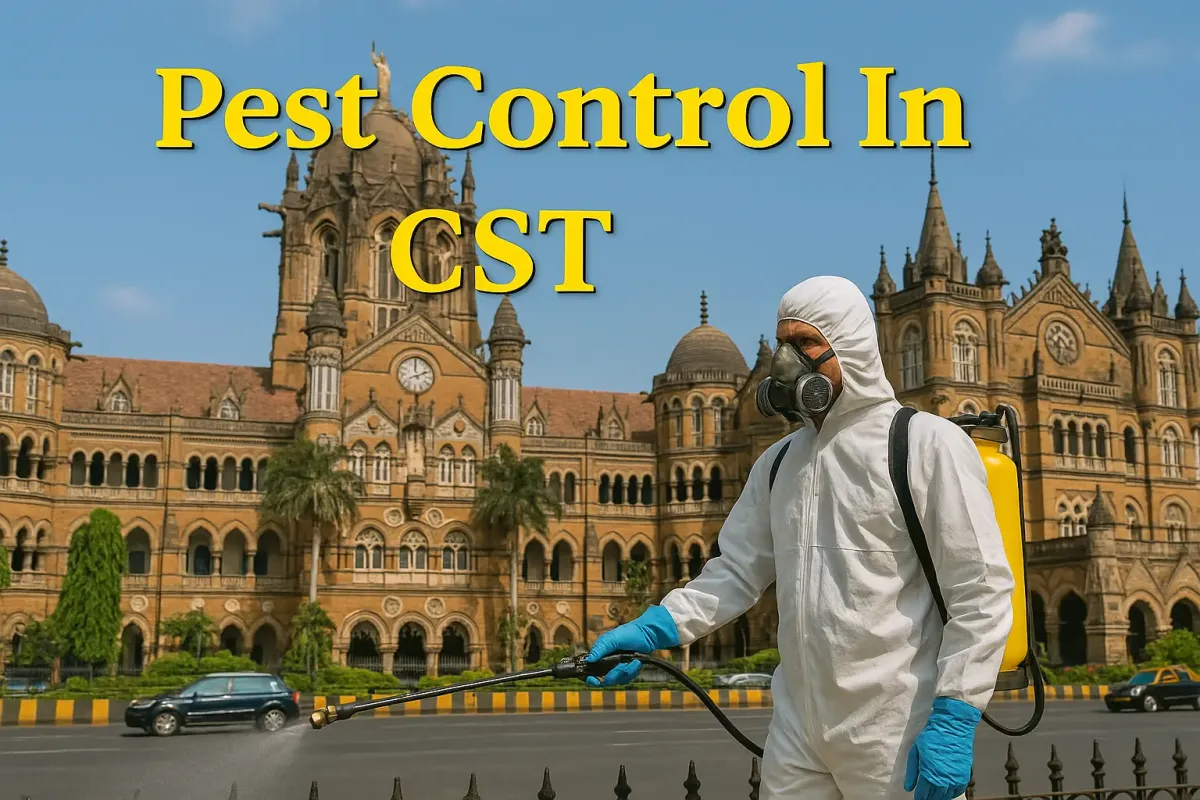 Pest control worker spraying near CST station with bold yellow text “Pest Control In CST” and historic building.