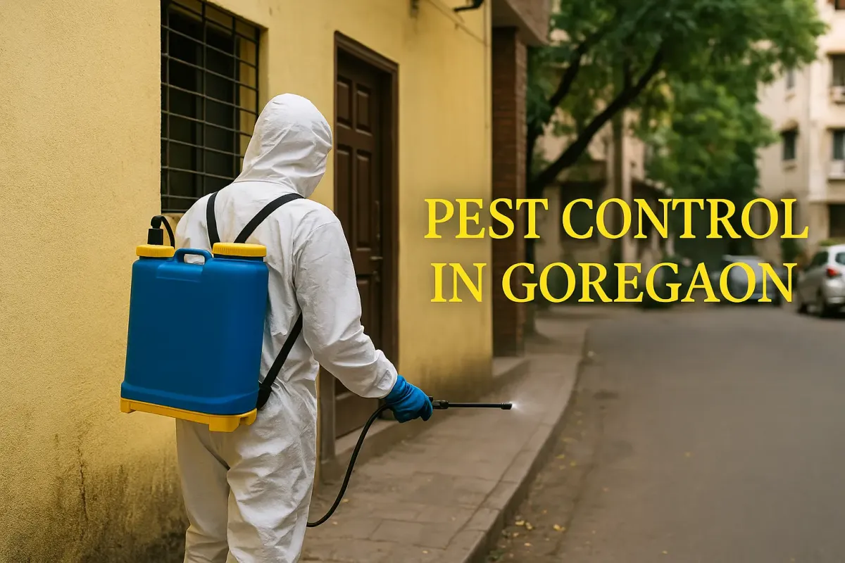 Pest control worker spraying near a yellow building in Goregaon with bold yellow text “Pest Control In Goregaon”.