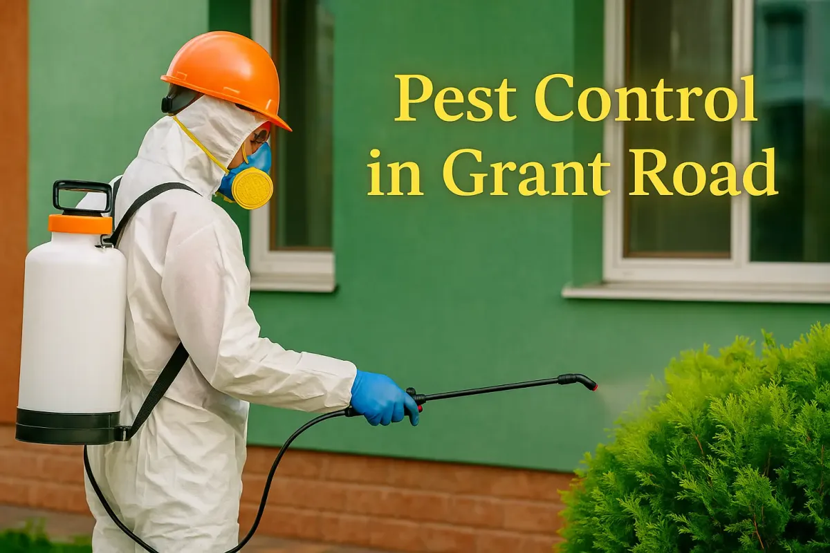 Pest control technician spraying building exterior in Grant Road, Mumbai with bold Lora font text overlay.