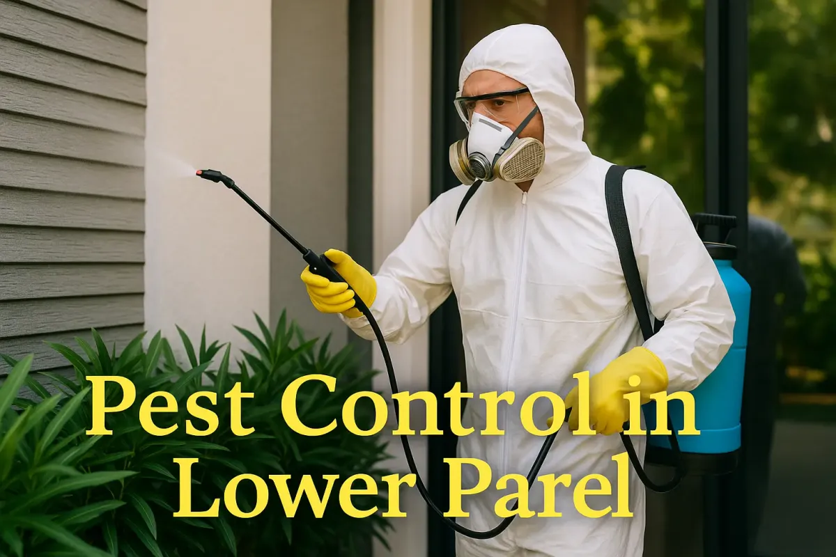 Pest control technician spraying chemicals outside a modern home in Lower Parel wearing safety gear.