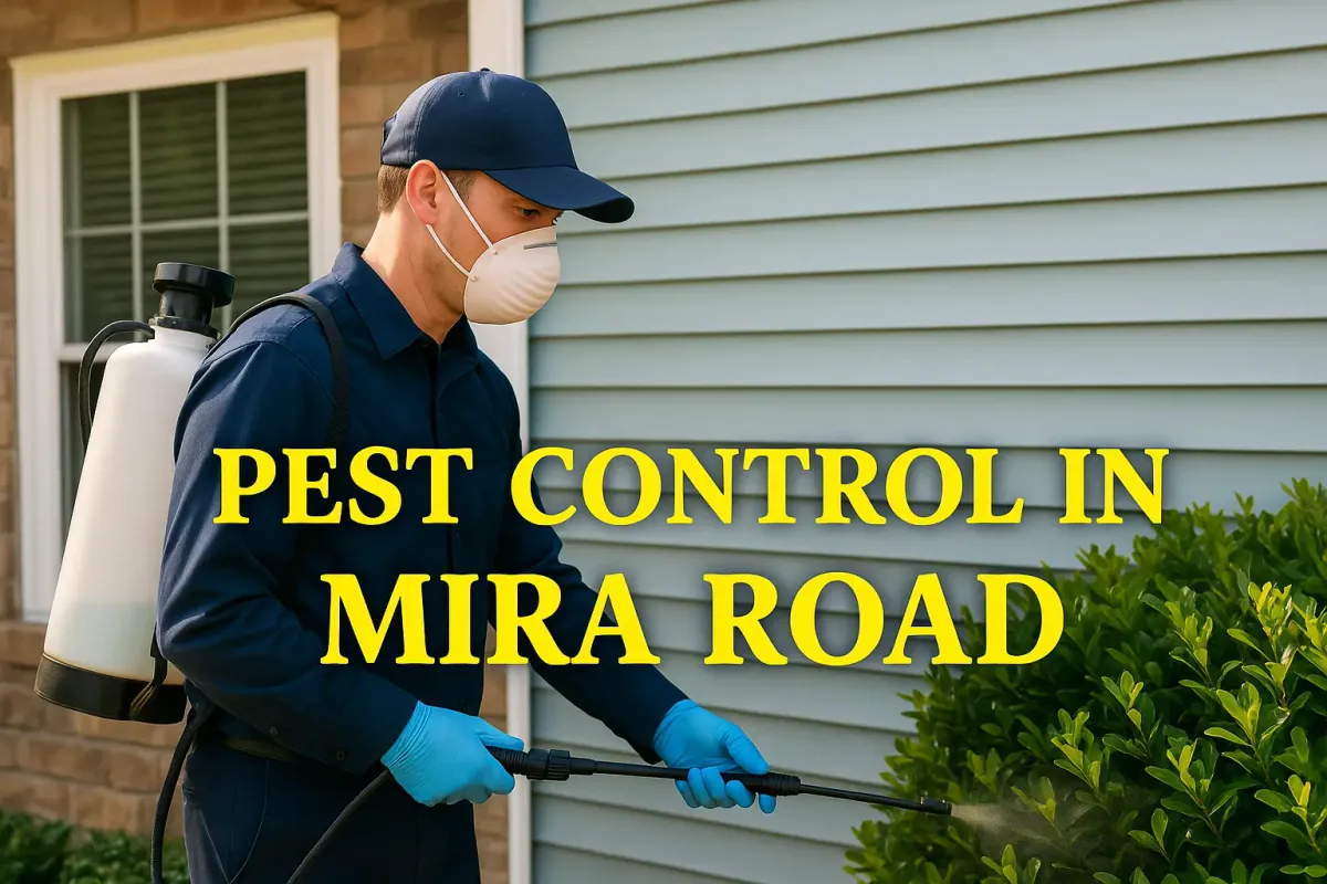 Pest control technician spraying plants in Mira Road with bold yellow text overlay on a sunny day.