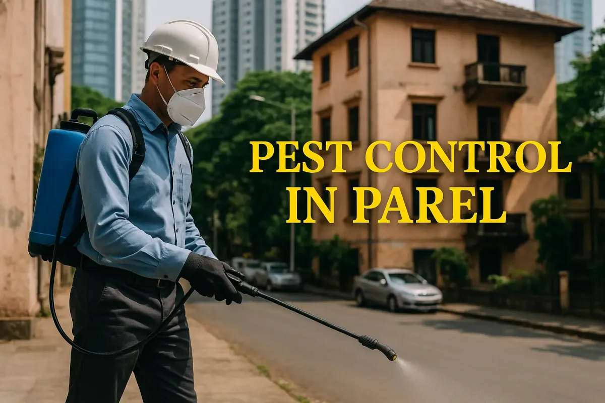 Pest control worker spraying pesticide in Parel street with bold yellow text “Pest Control In Parel” and urban buildings
