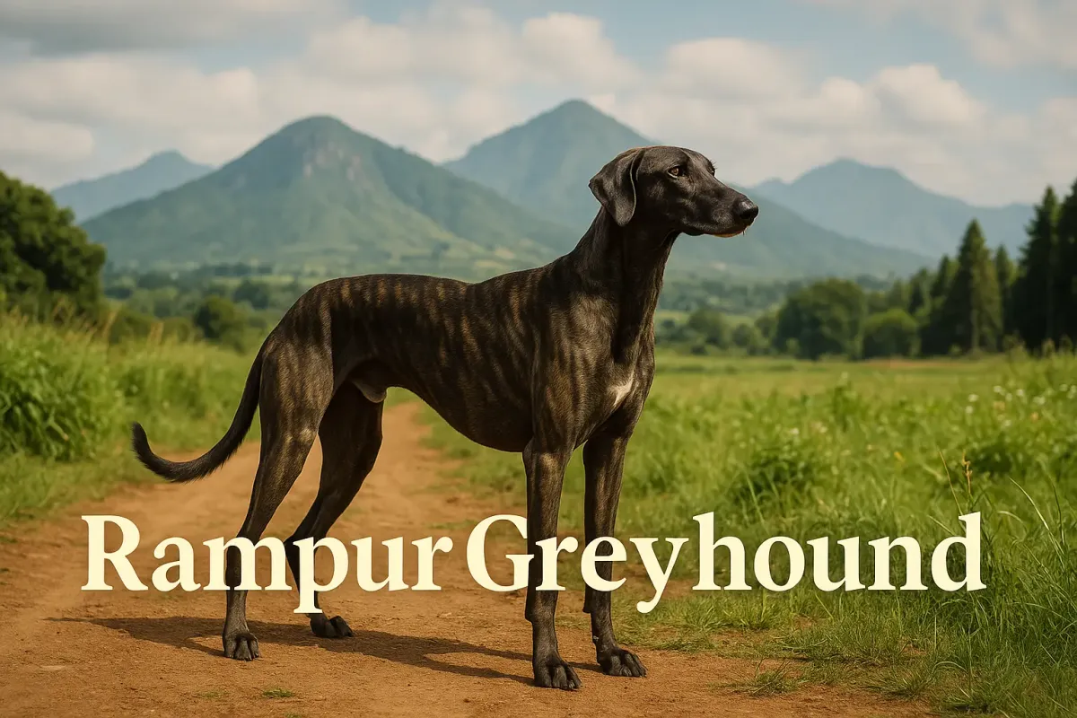 Rampur Greyhound standing on a rural path with green fields and misty mountains in the background.