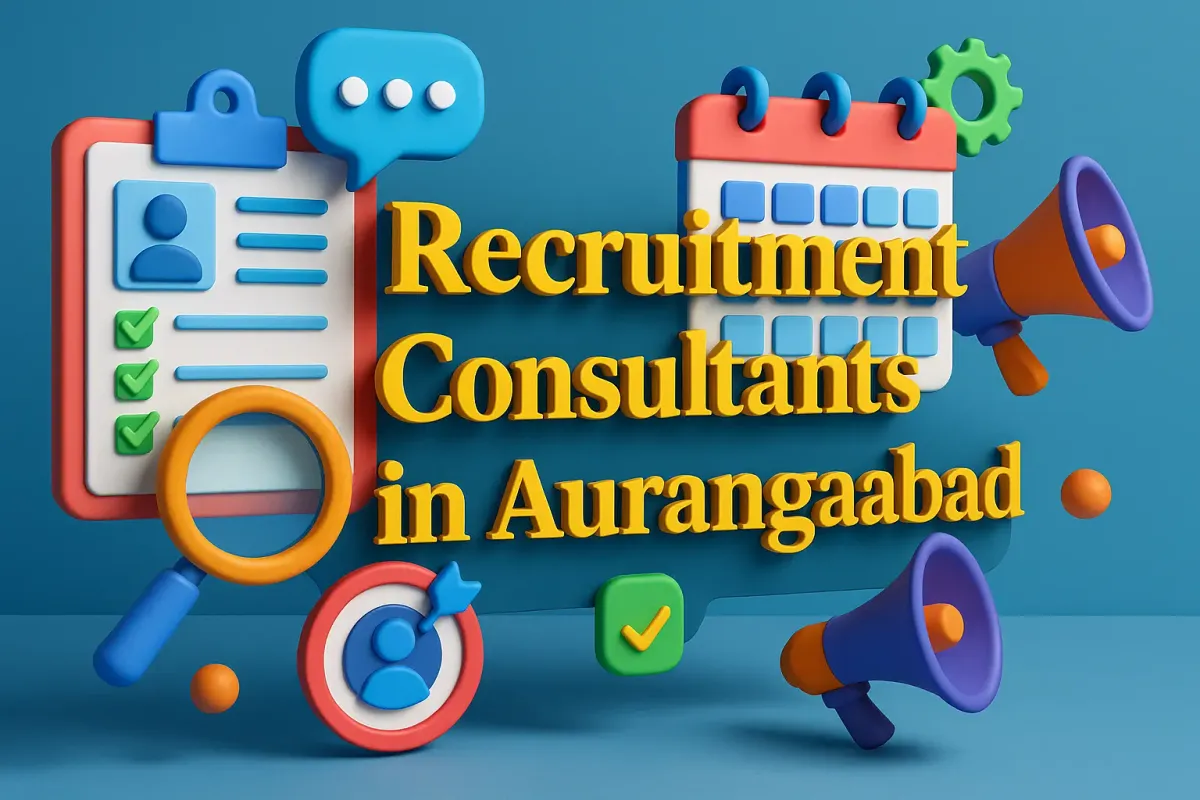 Colorful 4D illustration of recruitment consultants in Aurangabad with bold Lora font and shadowed text.