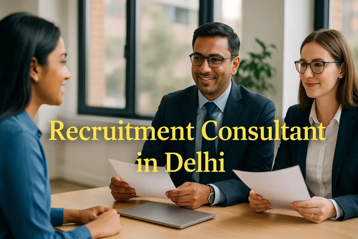 Recruitment consultants in Delhi interviewing a candidate in a bright, modern office environment.