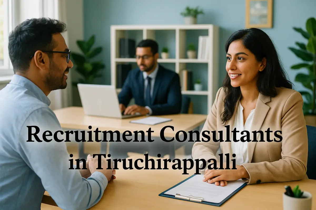 Professional recruitment consultants interviewing candidates in a modern Tiruchirappalli office setting.