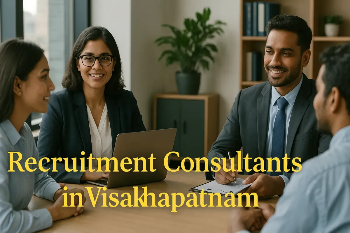 Recruitment consultants in Visakhapatnam meeting job seekers in a professional, modern office setting.