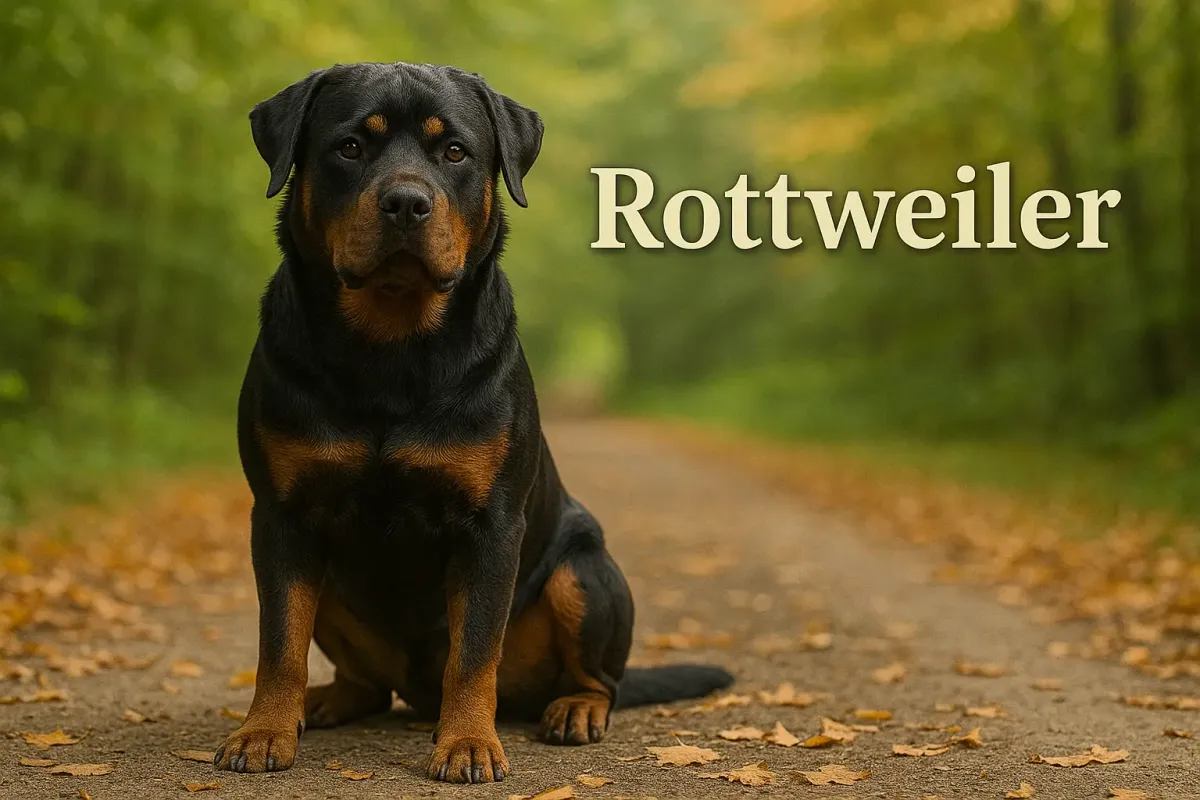 Rottweiler sitting on a forest path with autumn leaves and sunlight