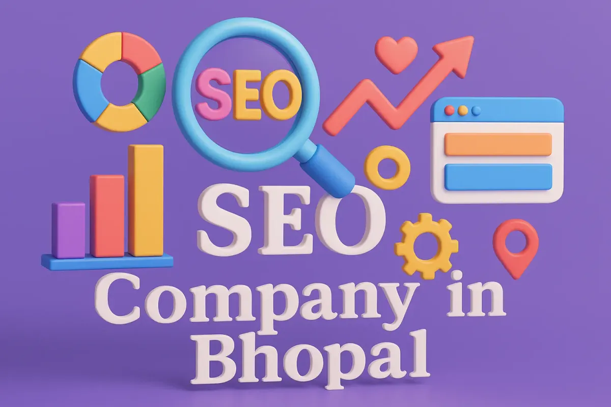SEO company in Bhopal 4D concept image with Lora font, highlighted shadow text, colorful design, and modern digital elements.