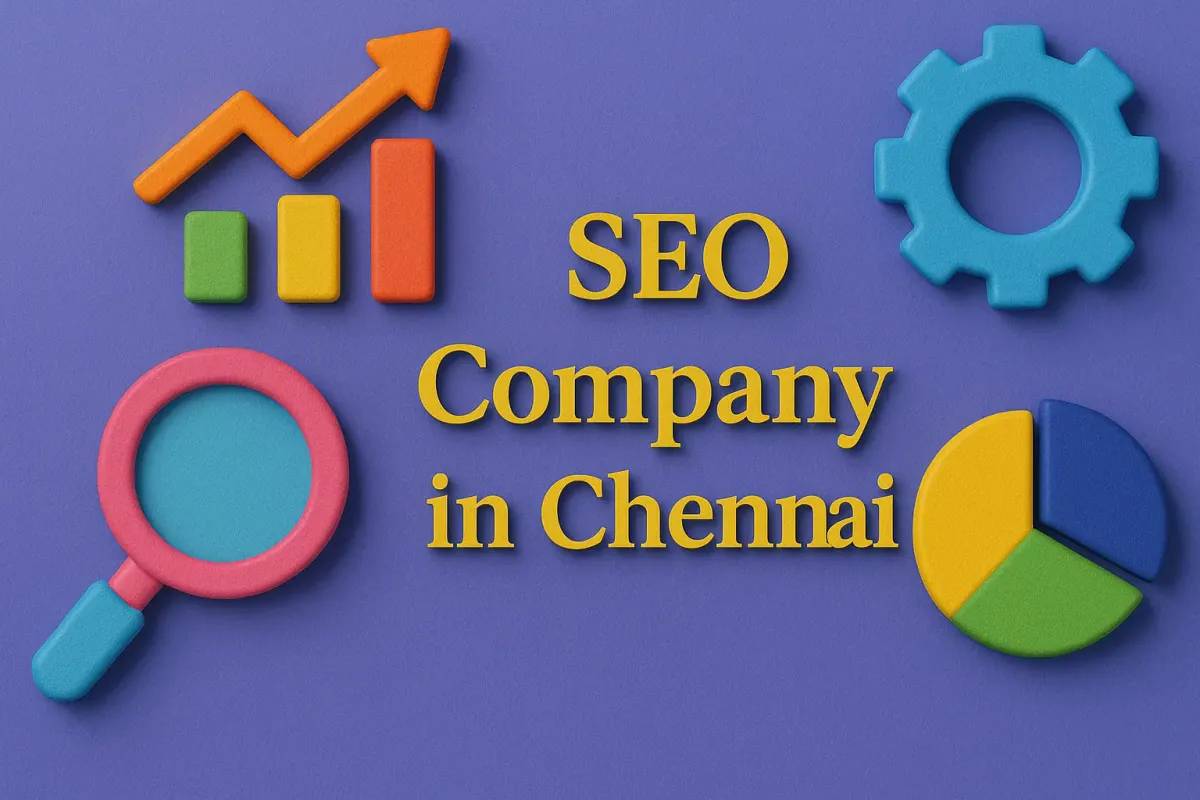 3D image with SEO icons and “SEO Company in Chennai” text in Lora font, colorful design, and shadow effects