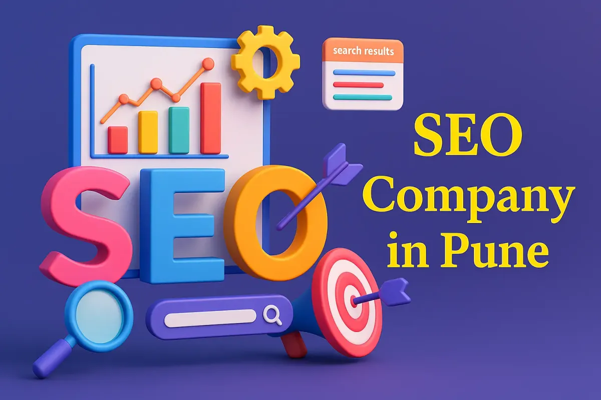 Colorful 3D SEO illustration with graphs, target, and magnifying glass highlighting SEO Company in Pune.