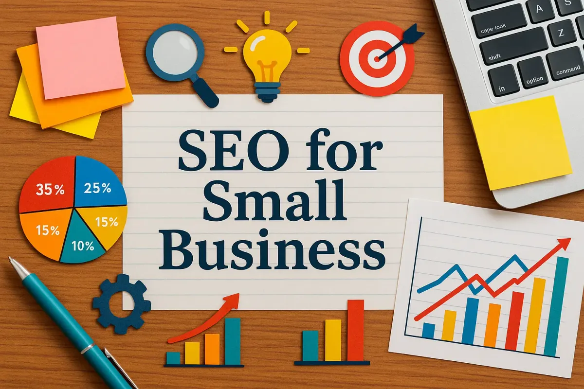 Colorful SEO workspace with charts, laptop, and office tools promoting SEO for small business in Lora font with shadow text.
